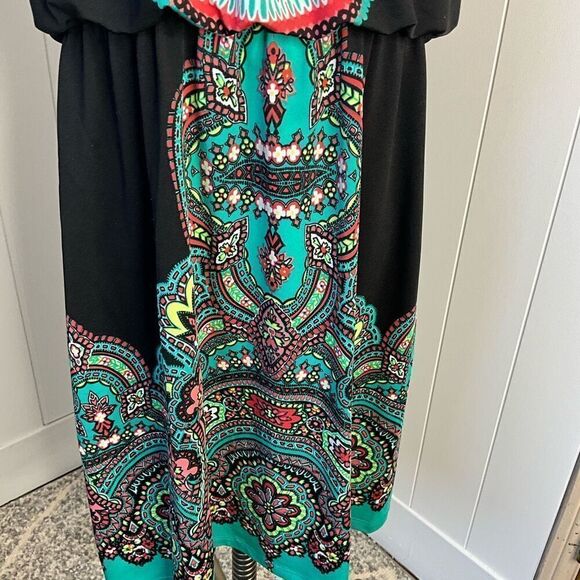 Studio Y Womens Size Large Mini Sundress Black Turquoise Print Adjustable Straps - Picture 3 of 12